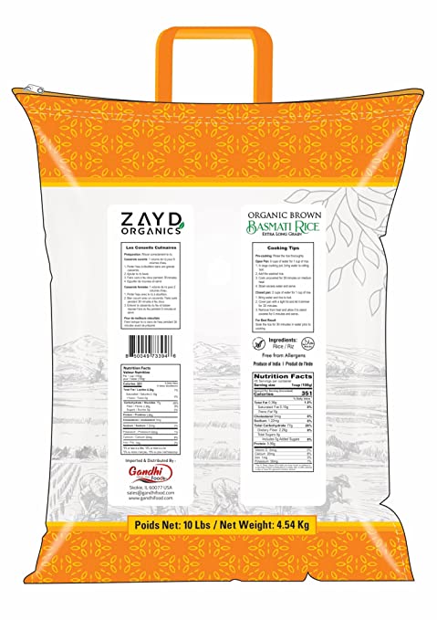 Zayd Organic Brown Basmati Rice, Indian Origin, USDA Organic, 10lbs