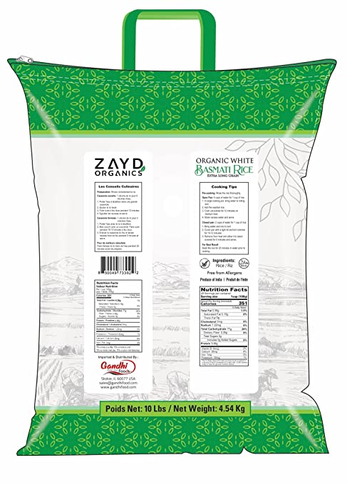 Zayd Organics White Basmati Rice, Indian Origin, USDA Organic, 10lbs