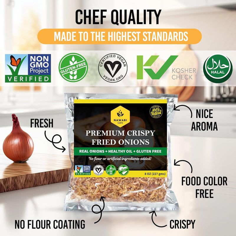 Nawabi Crispy Fried Onions | 100% Natural (Non-GMO) | Gluten Free | KETO Friendly | No Sodium | Low Carb | Resealable Bag by Nawabi Life