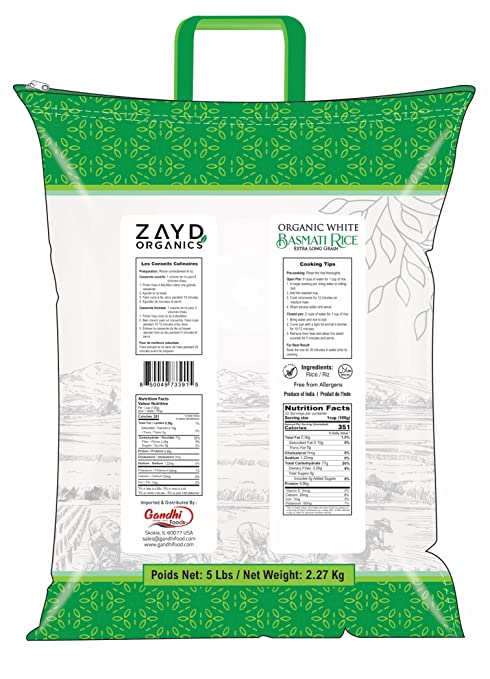 Zayd Organics White Basmati Rice, Indian Origin, USDA Organic, 5lbs