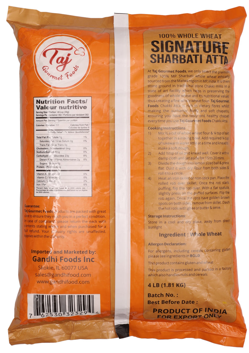 TAJ Signature Sharbati Atta, 100% Whole Wheat Flour, Chappati Flour, 10lbs