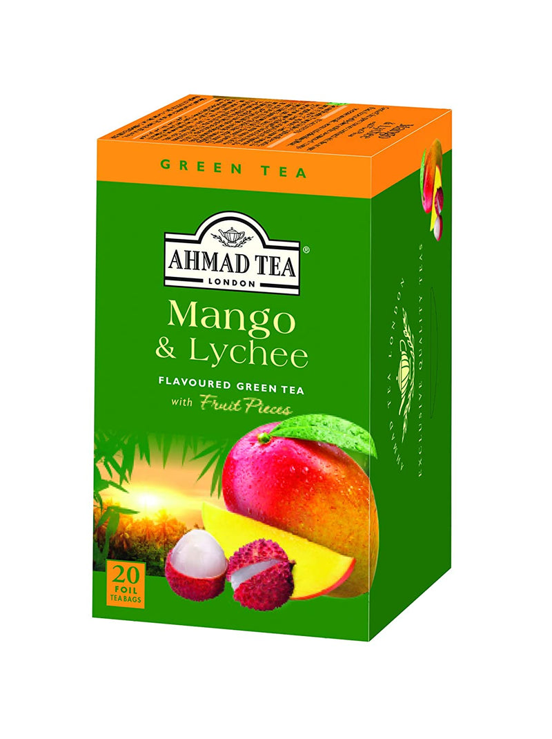 Ahmad Tea Mango & Lychee Flavored Green Tea with Fruit Pieces, 20 Count