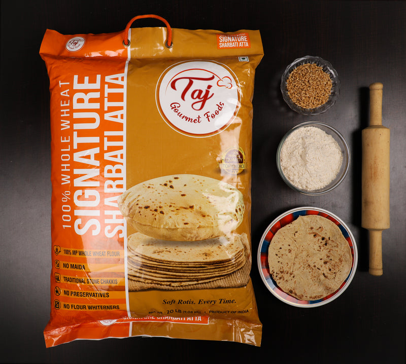 TAJ Signature Sharbati Atta, 100% Whole Wheat Flour, Chappati Flour, 20lbs